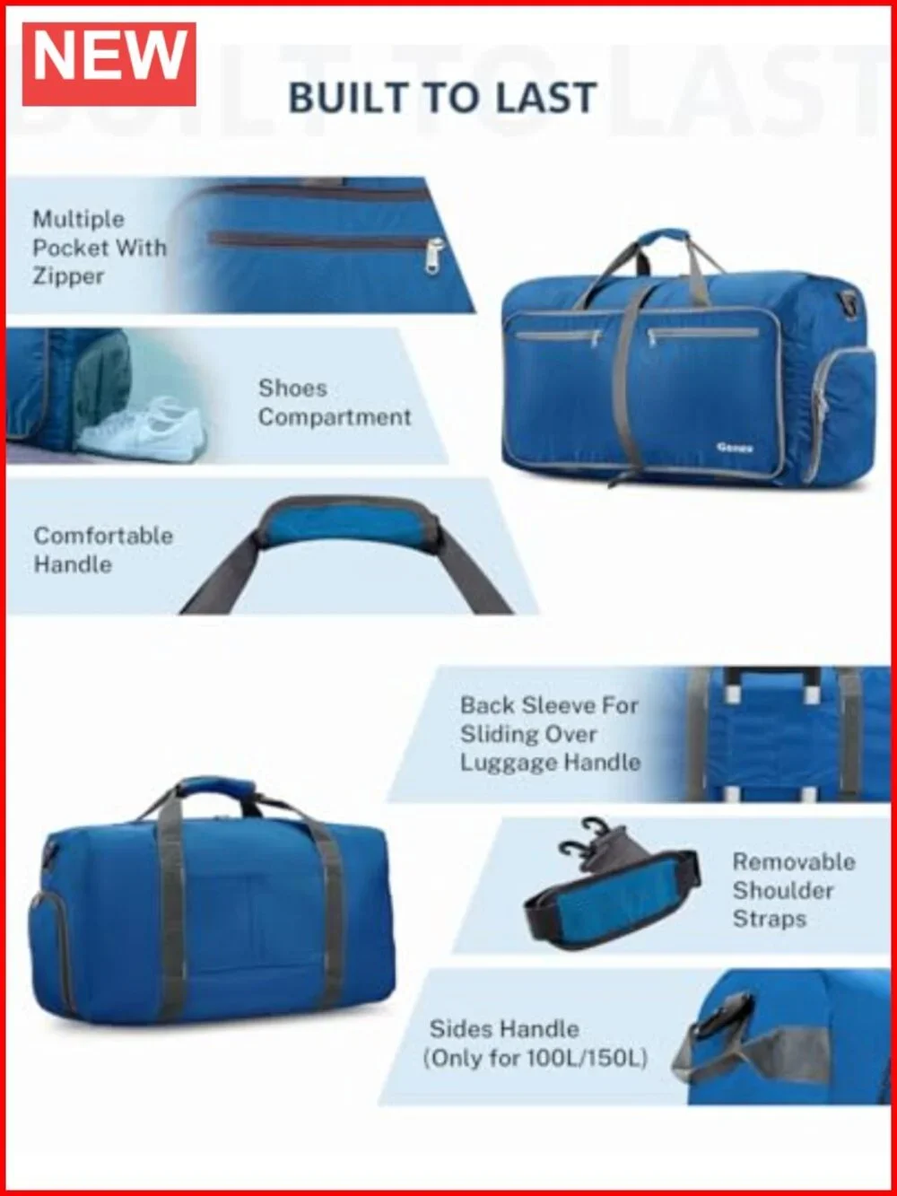 Large Foldable Travel Duffel Bag with Shoe Compartment, 60L Water Repellent